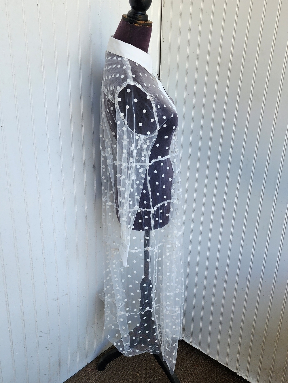 NWT Womens Spotted Design Lace Shirt Dress Cardigan White Sheer Long Sleeve L - Picture 9 of 16